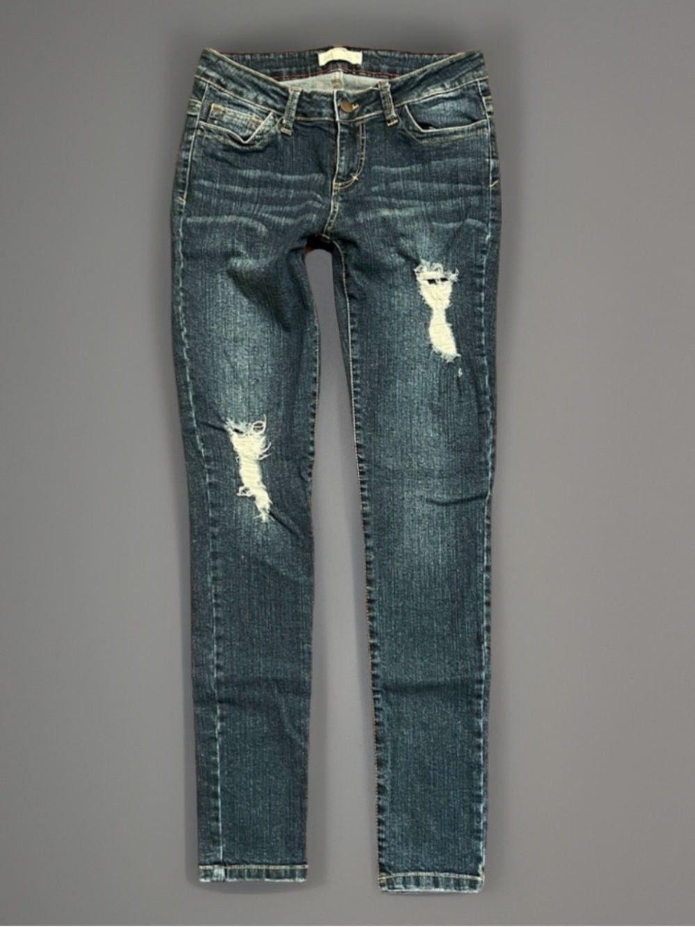 21 DENIM CHIC Distressed Dark Denim Destroyed Ski Skinny Stretch Jeans 27